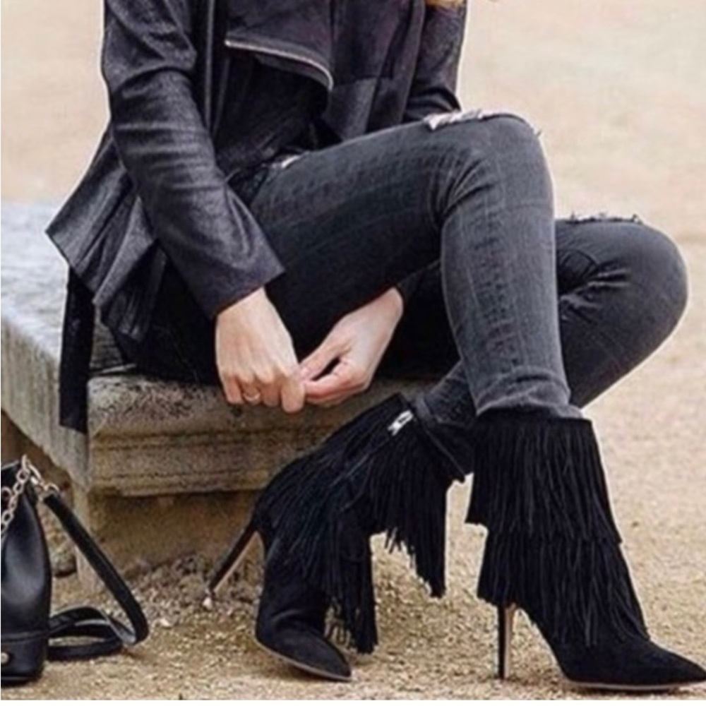 Sam Edelman fringe black suede boots with a heel